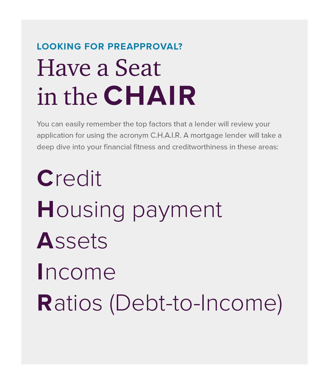 CHAIR acronym standing for Credit, Housing Payment, Assets, Income, Ratios (Debt to Income)