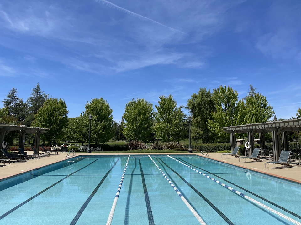 A swimming pool with trees in the background.