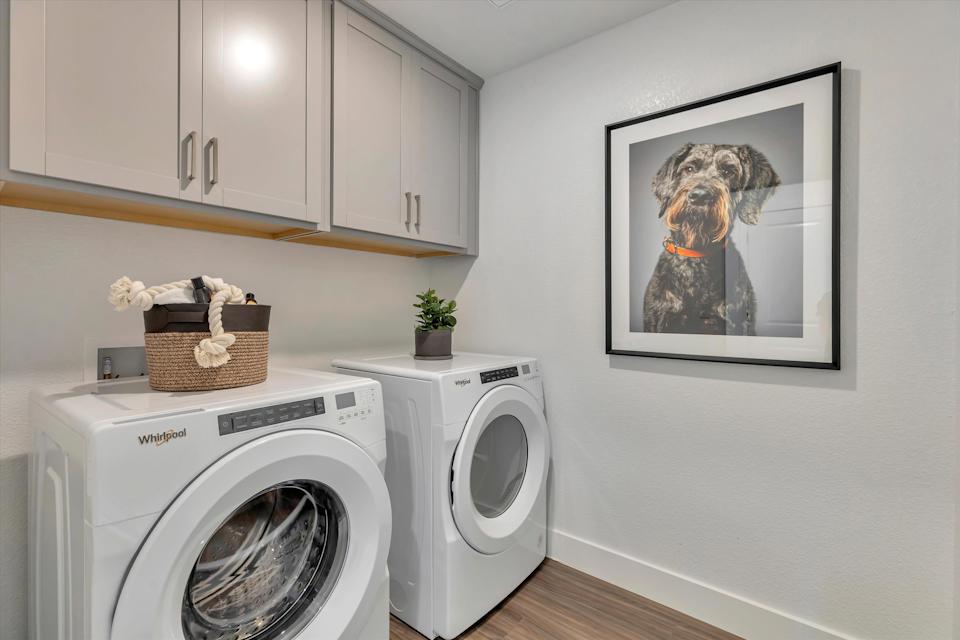 A room with a picture on the wall and a washing machine.