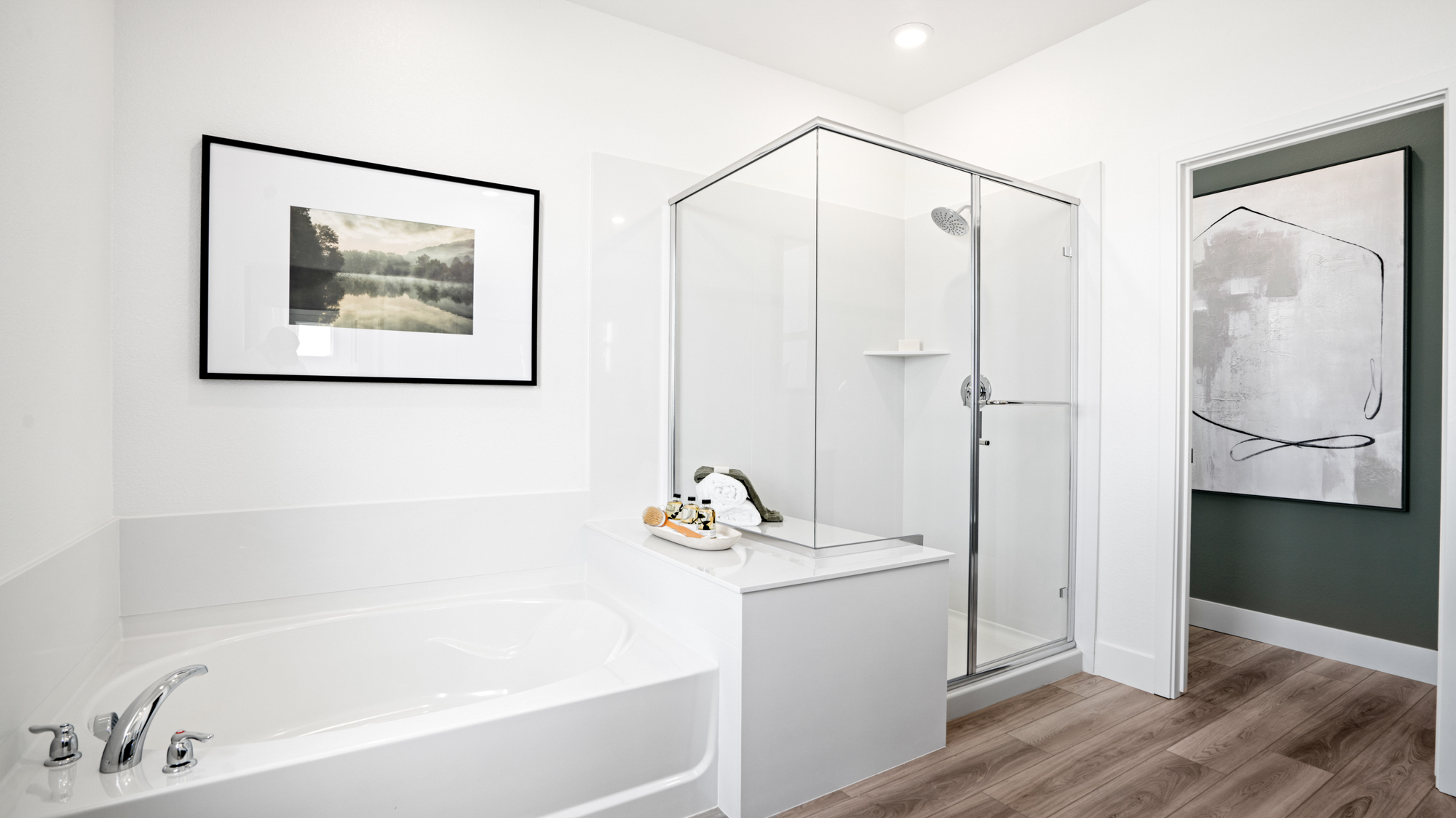 A bathroom with a glass shower.