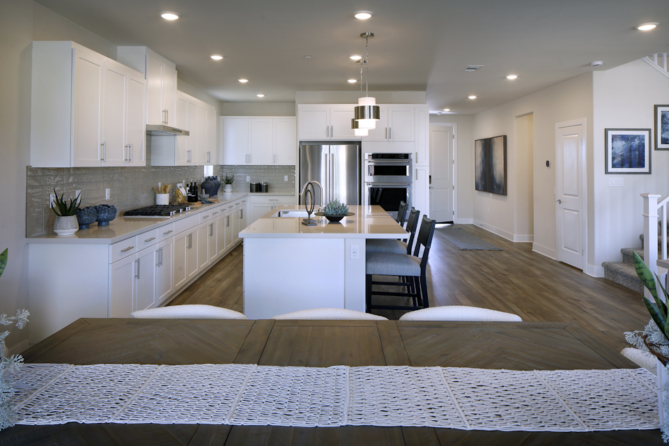A kitchen with a large island.