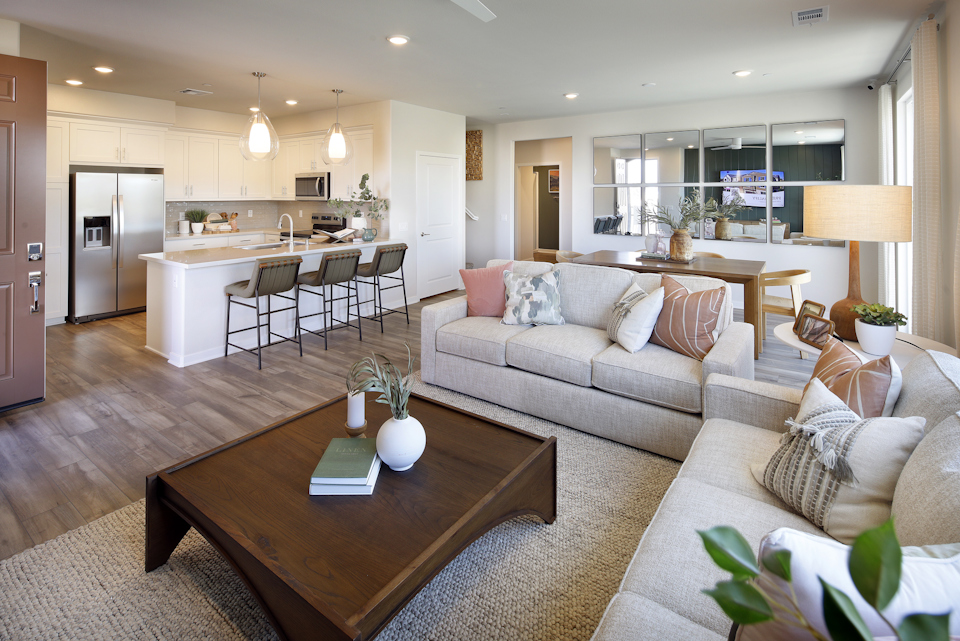 A living room with a large kitchen.