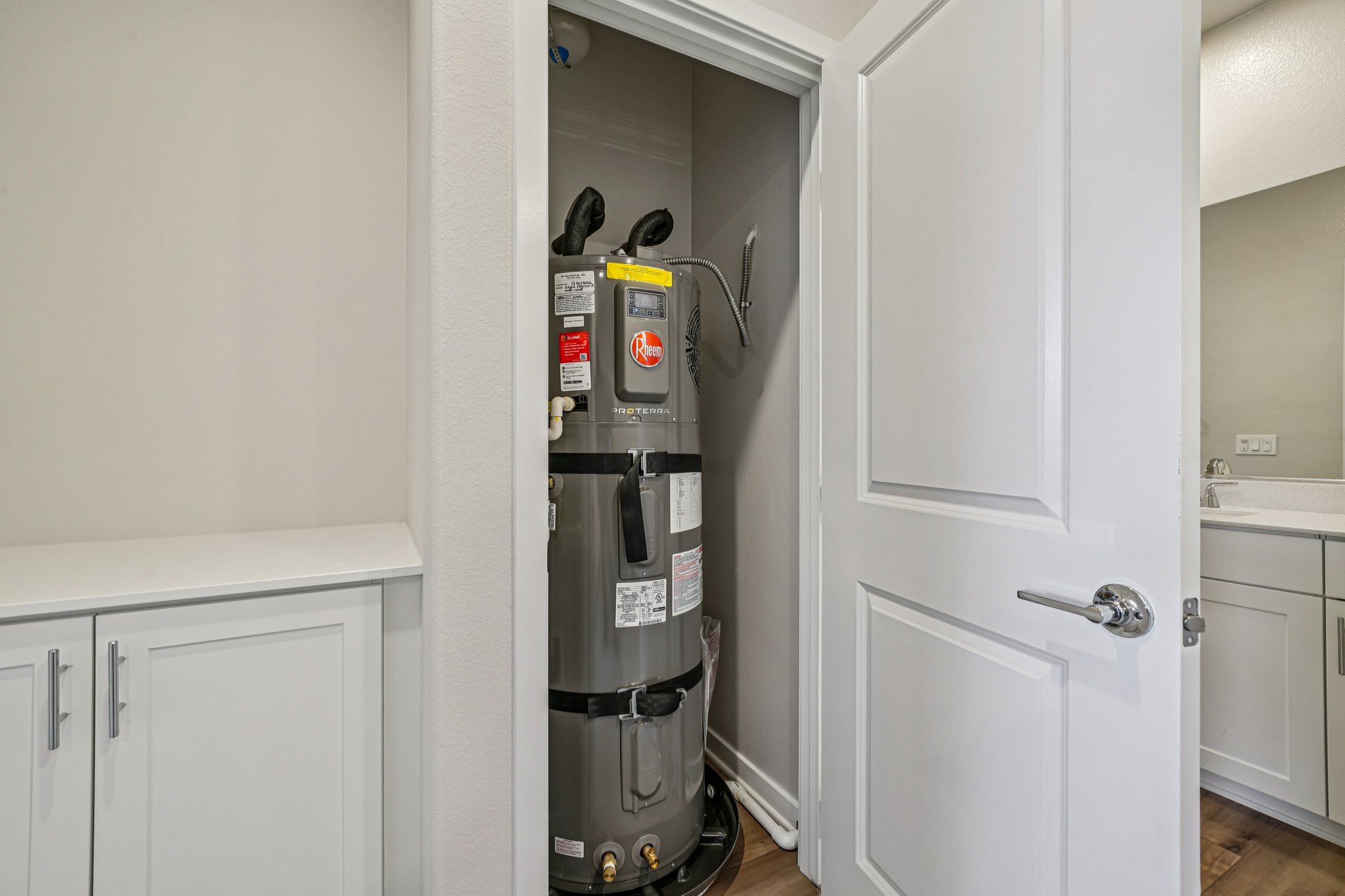 A refrigerator in a kitchen.