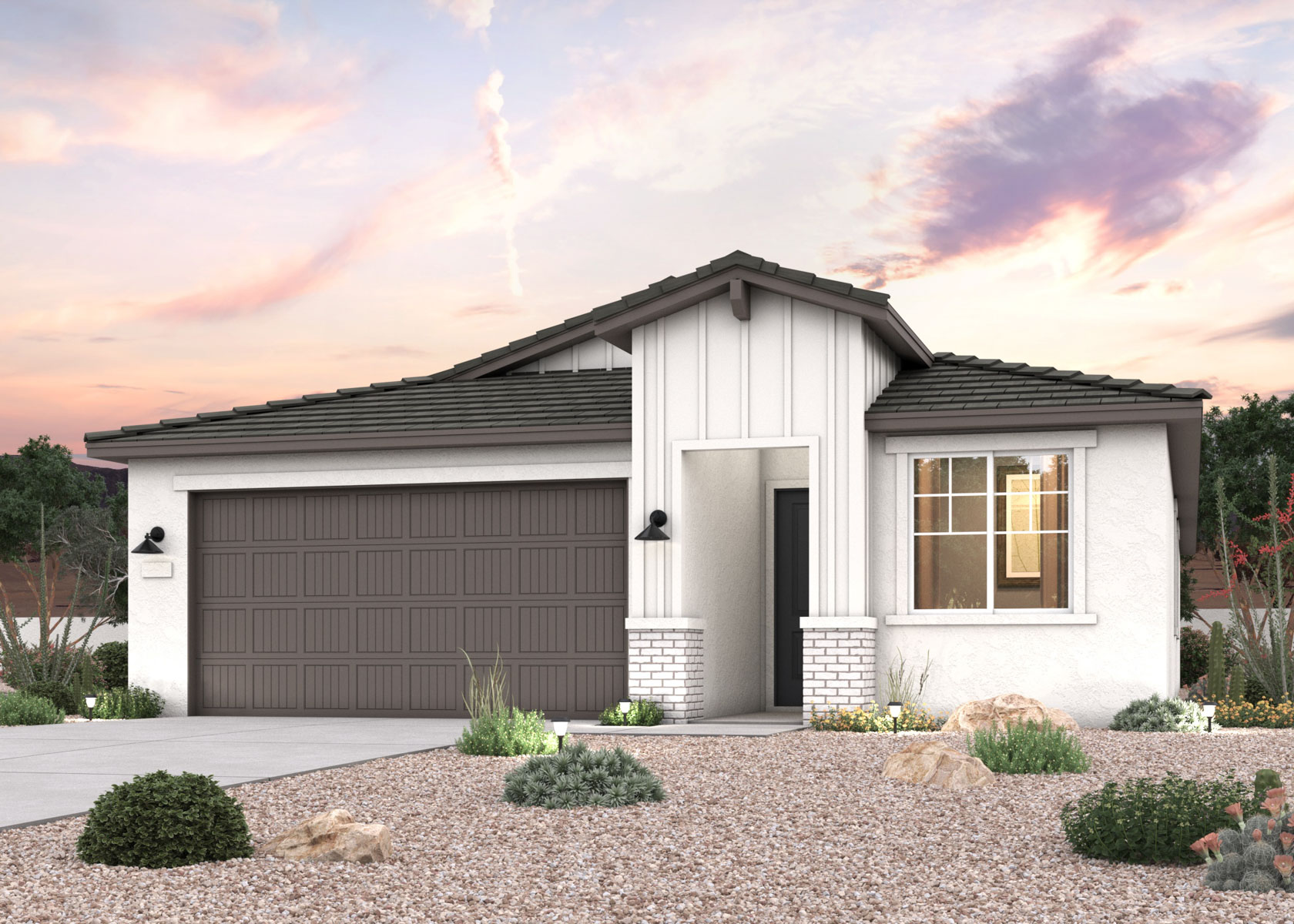 Twilight rendering of a new home for sale in Buckeye, AZ with 2 car garage at Montana Vista by Century Communities.