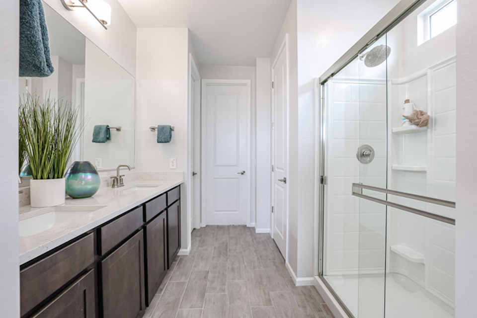 A bathroom with a shower and a glass door.