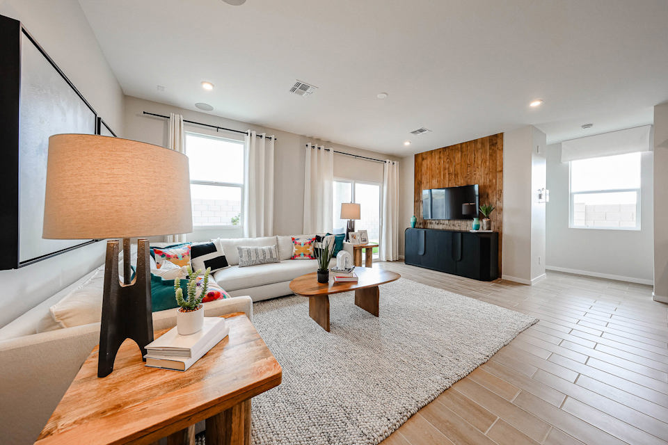 A living room with a large window.