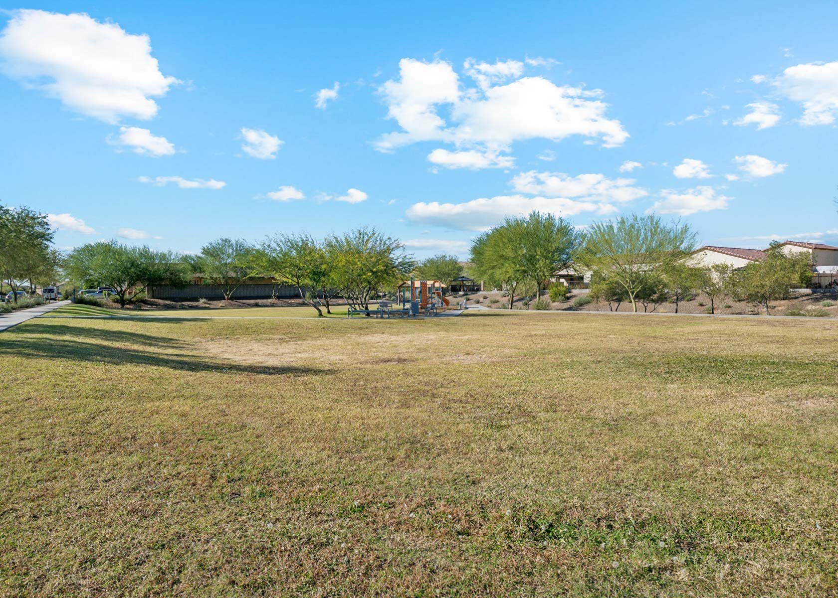 A large grassy field with trees and buildings in the background.