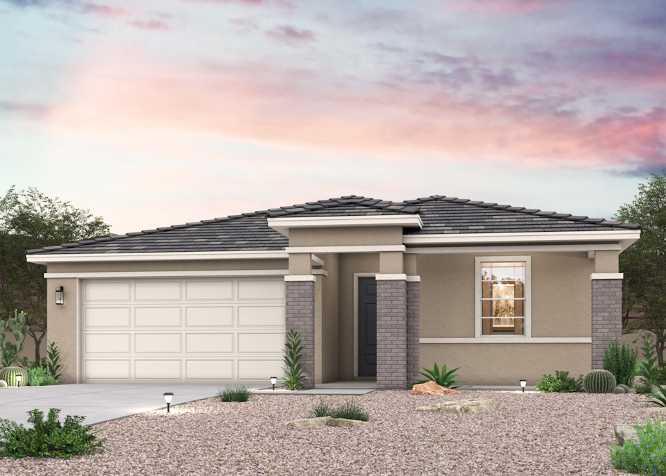 Twilight rendering of front of home with 2 car garage in Surprise, AZ