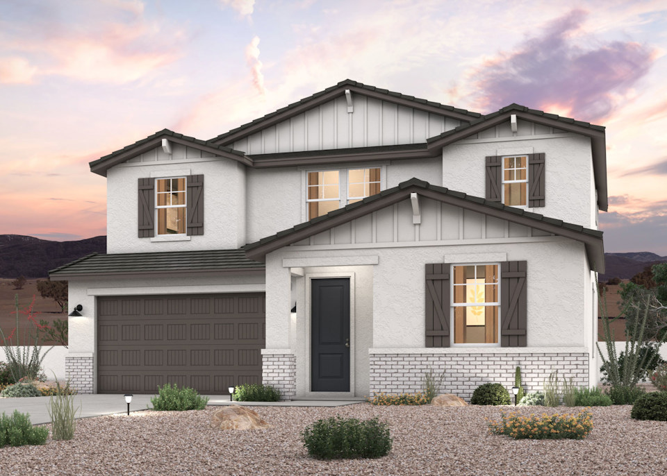 Twilight rendering of the front of a 2-Story home with 2 car garage in Surprise, AZ