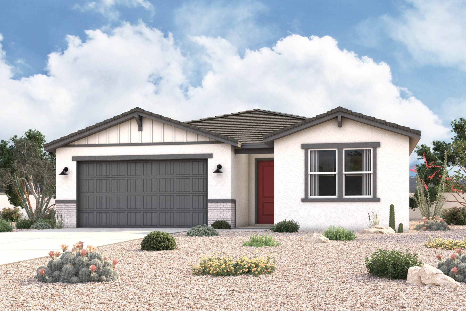 New Home Farmhouse exterior elevation rendering of single-story 4-bedroom 2-bathroom floor plan with an additional Study + Loft in Florence AZ Near Queen Creek USDA Loan VA Loan Eligible Near Hunt Highway with community Pool, Gym and more!