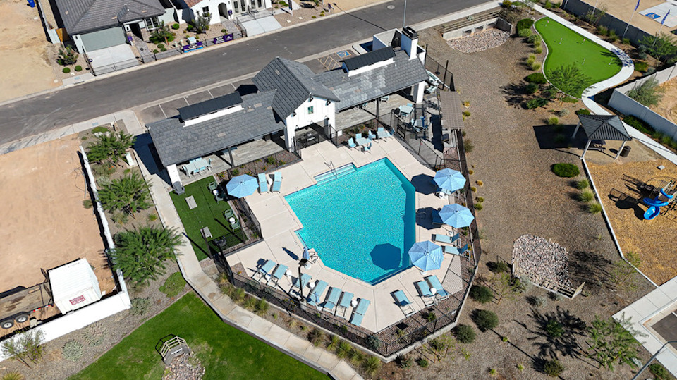 A high angle view of a building.