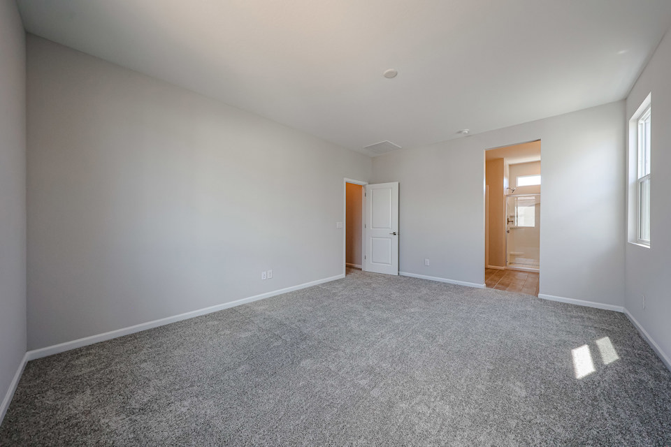 A room with a carpet and a door.