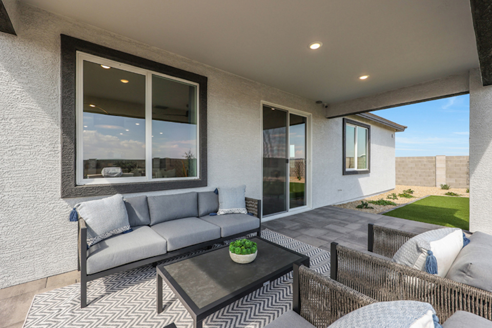 A modern living room with a large window.