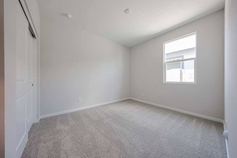 A room with a carpet and windows.