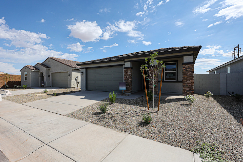 A driveway with a house and a tree in the front.