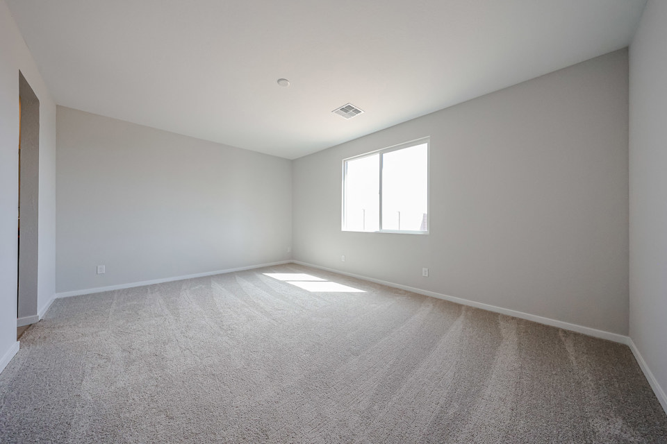 A room with a carpet and windows.