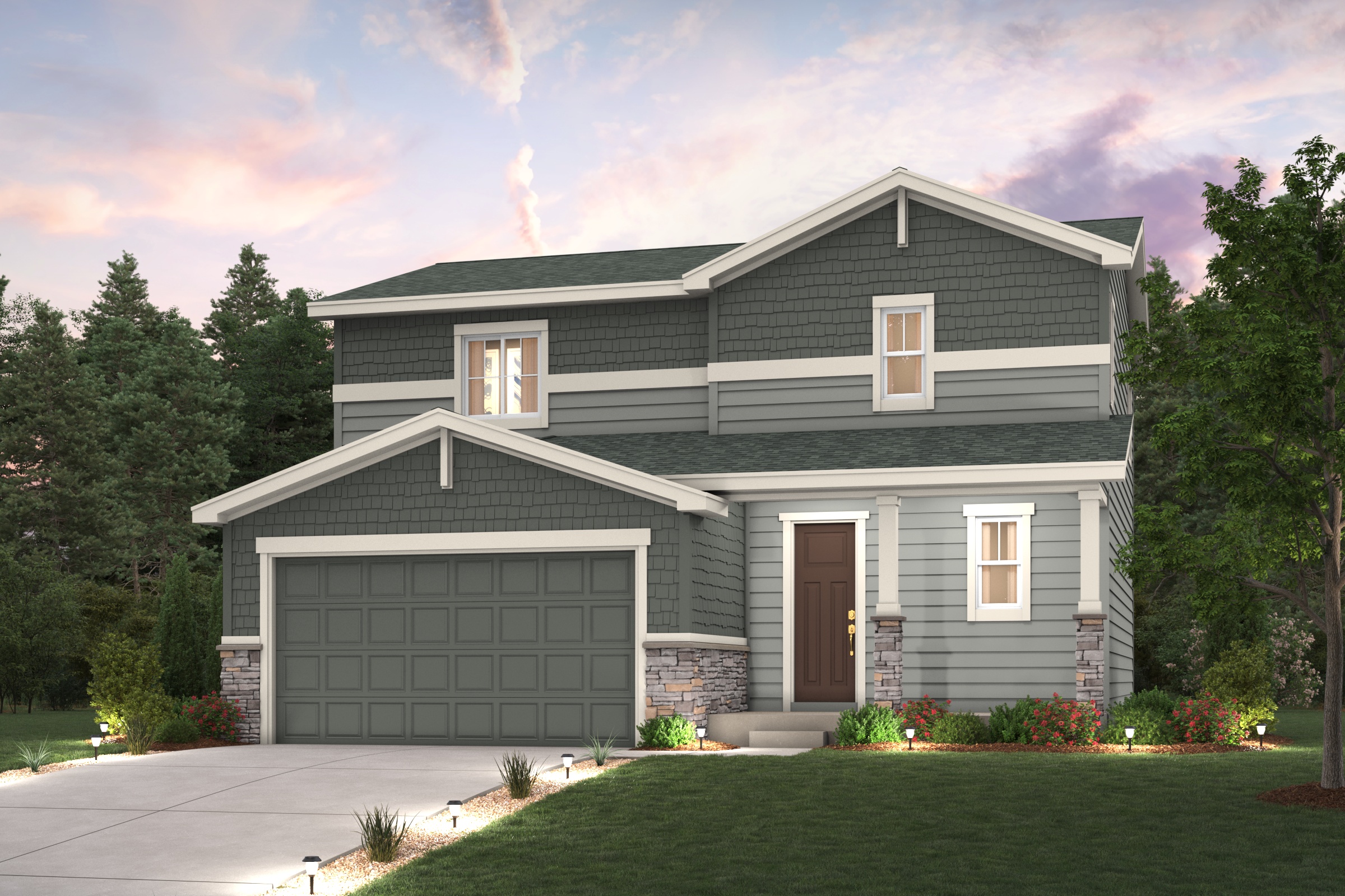 Mackenzie Elevation B rendering with landscaping, garage, driveway and exterior paint colors 