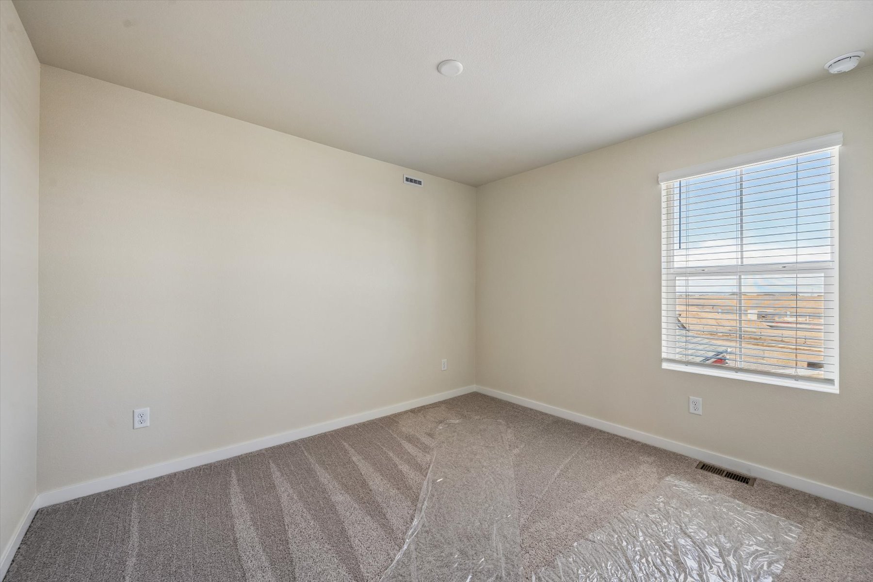 A room with a carpet and a window.