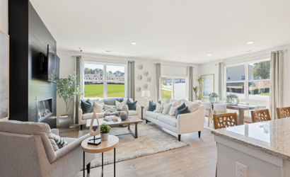 A living room with a large window.
