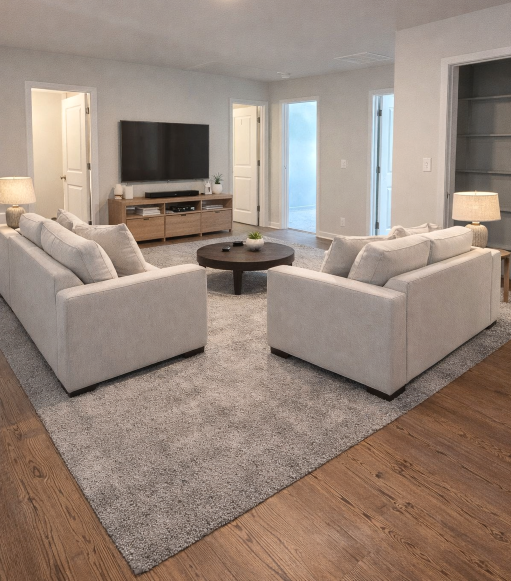 A living room with a large television.