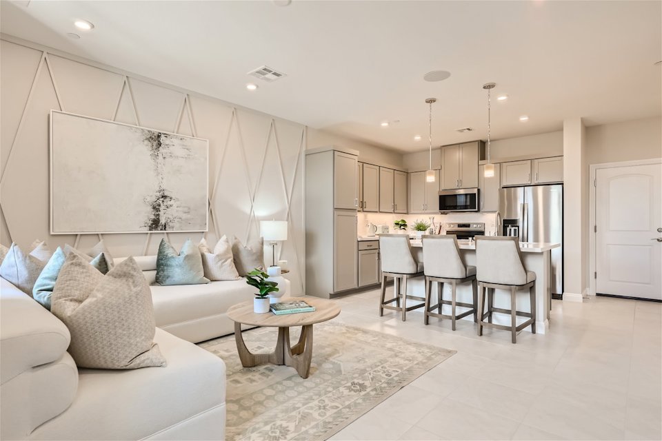 A large kitchen and dining room.