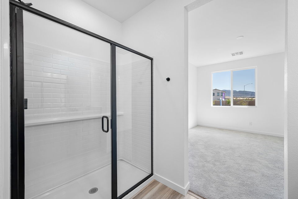 A room with a glass door.