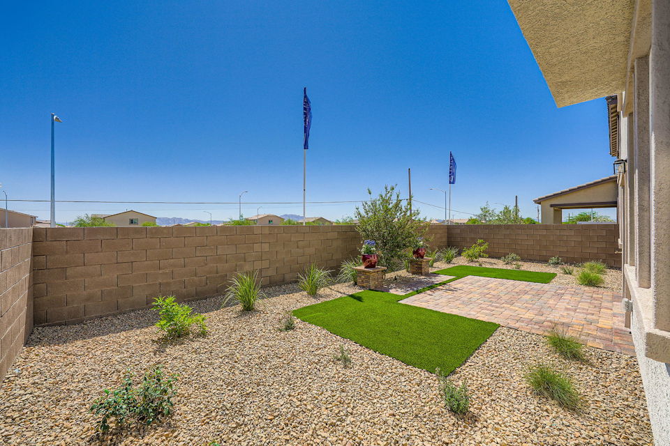 A small courtyard with flags.