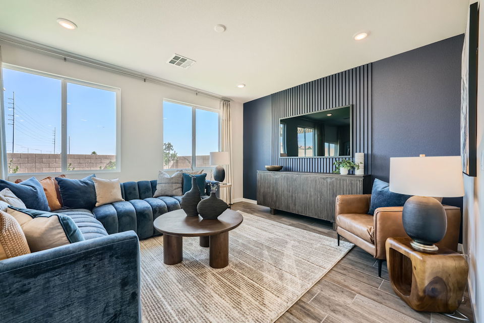 A living room with a large window.
