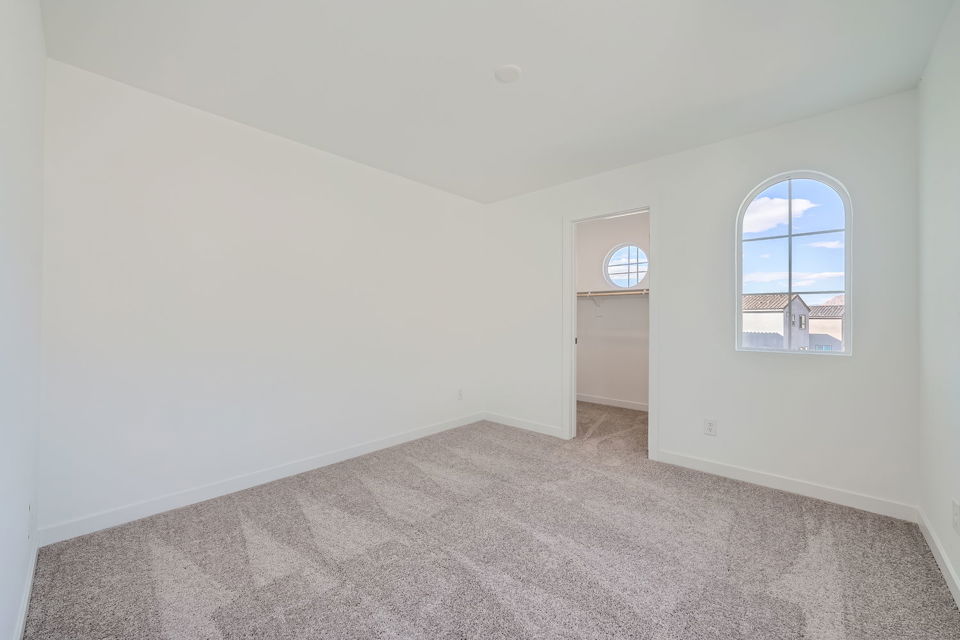 A room with a carpet and windows.