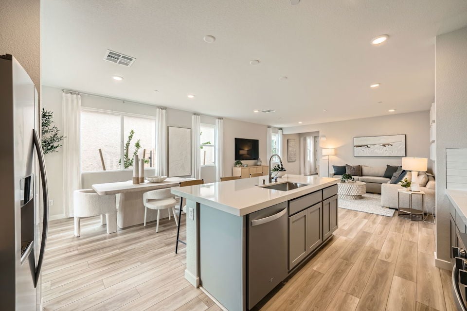 A kitchen and living room.
