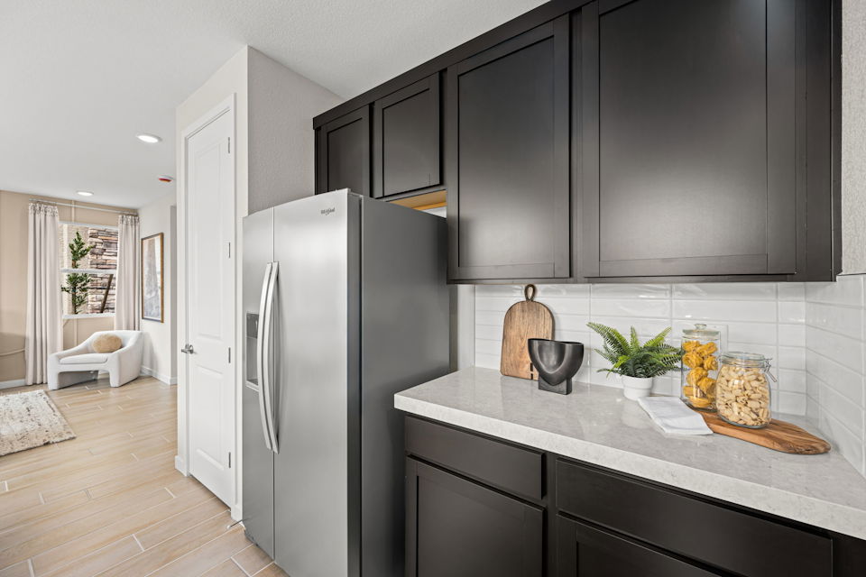 A kitchen with black cabinets.