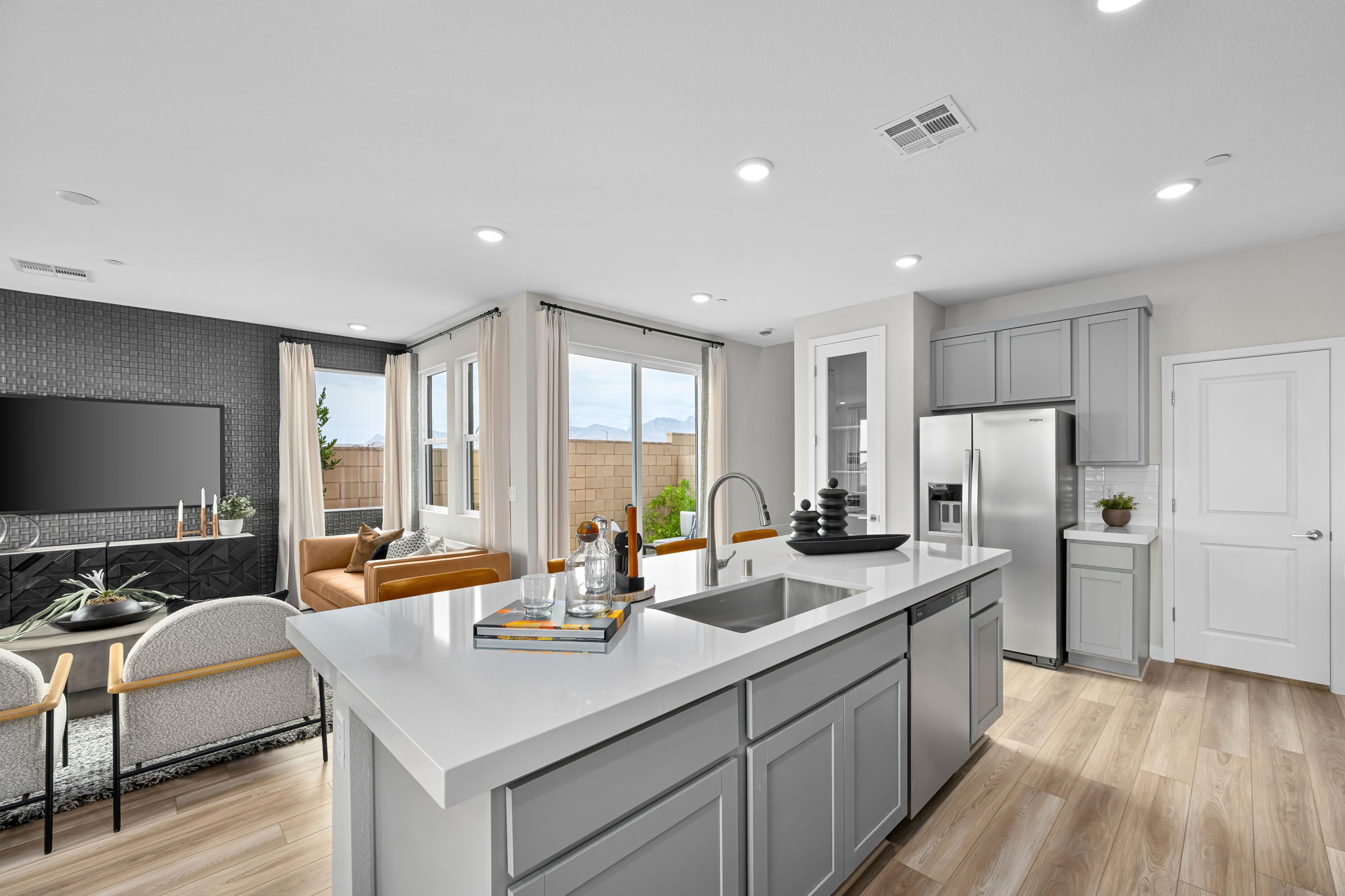 A kitchen with a large island.