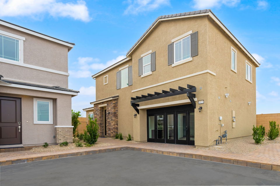 A building with a garage.