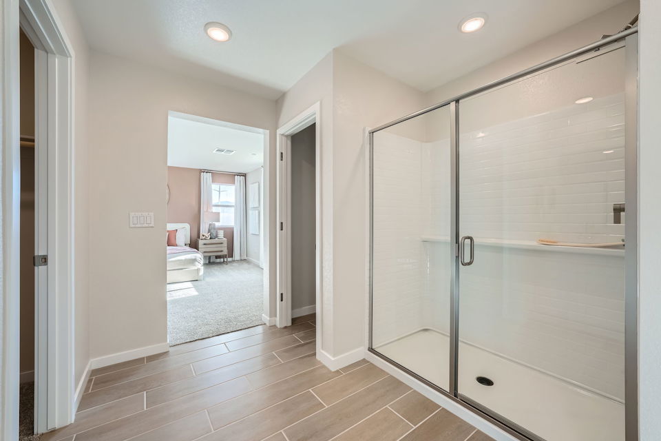 A room with a glass door.