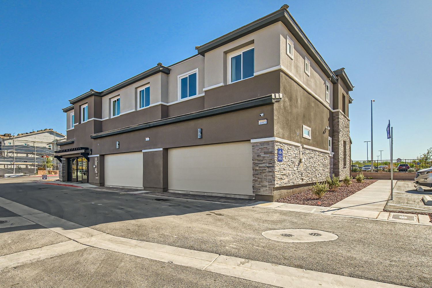 A building with a garage.
