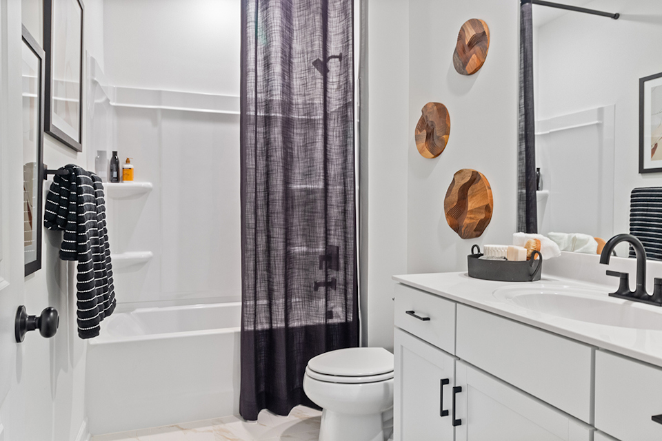 A bathroom with a shower curtain.