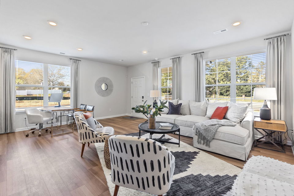 A living room with a large window.