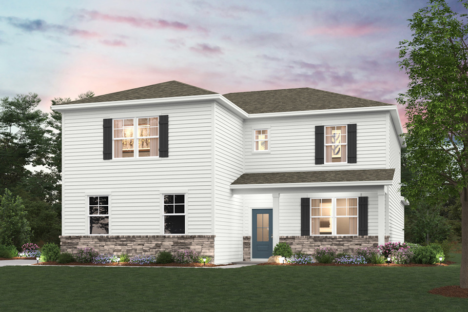 A white house with black shutters.