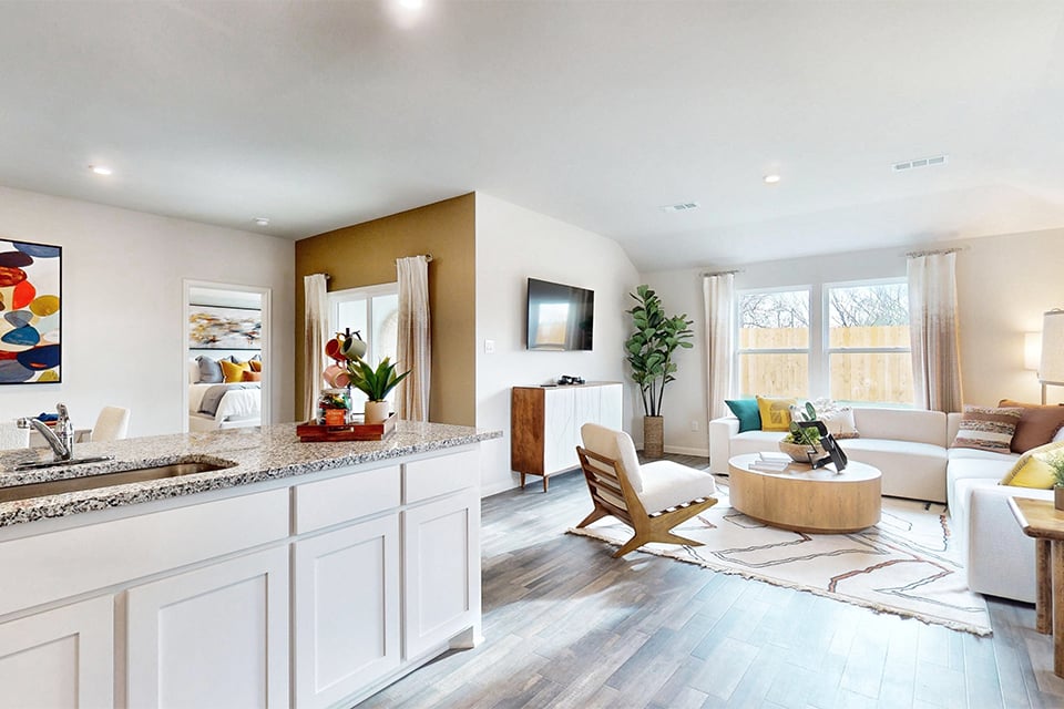 A large living room with a large island.