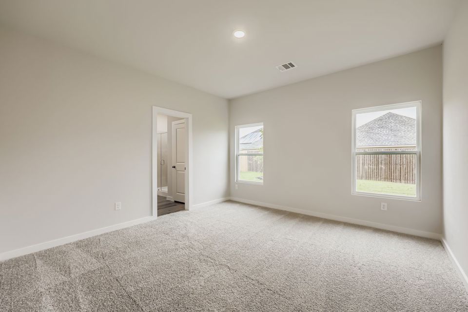 A room with a carpet and windows.