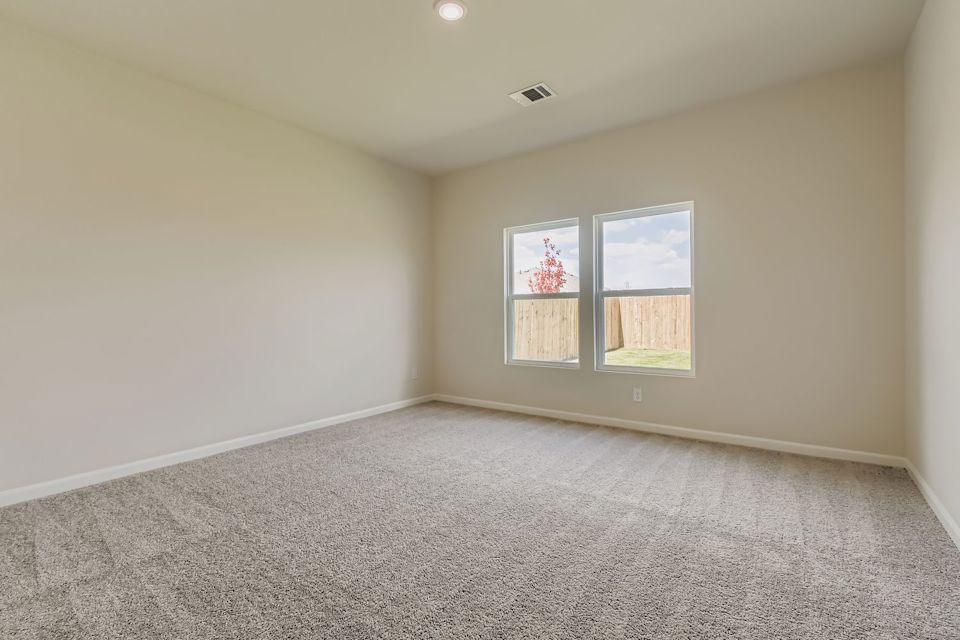 A room with a carpet and windows.