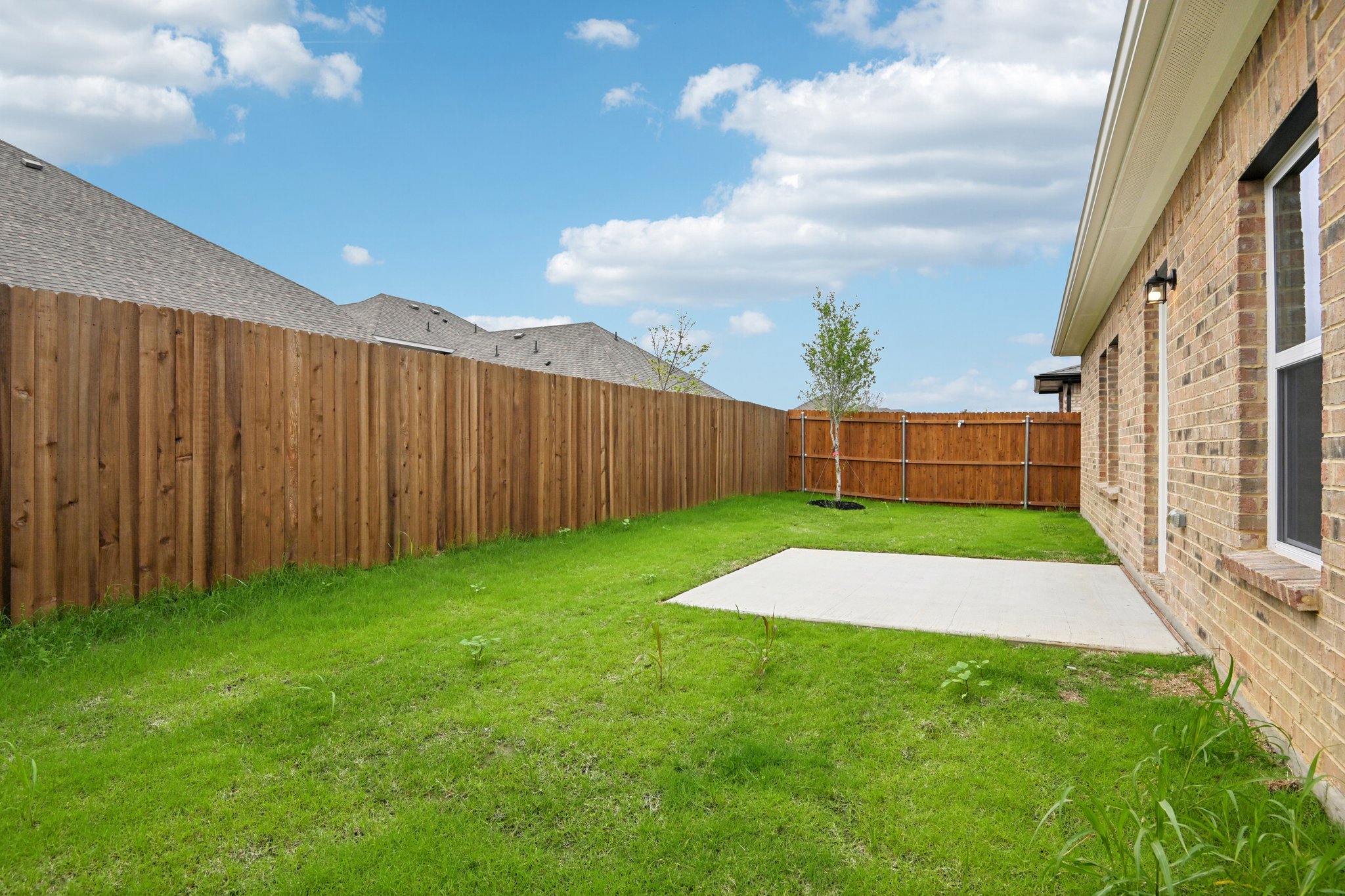 A backyard with a fence and a house.
