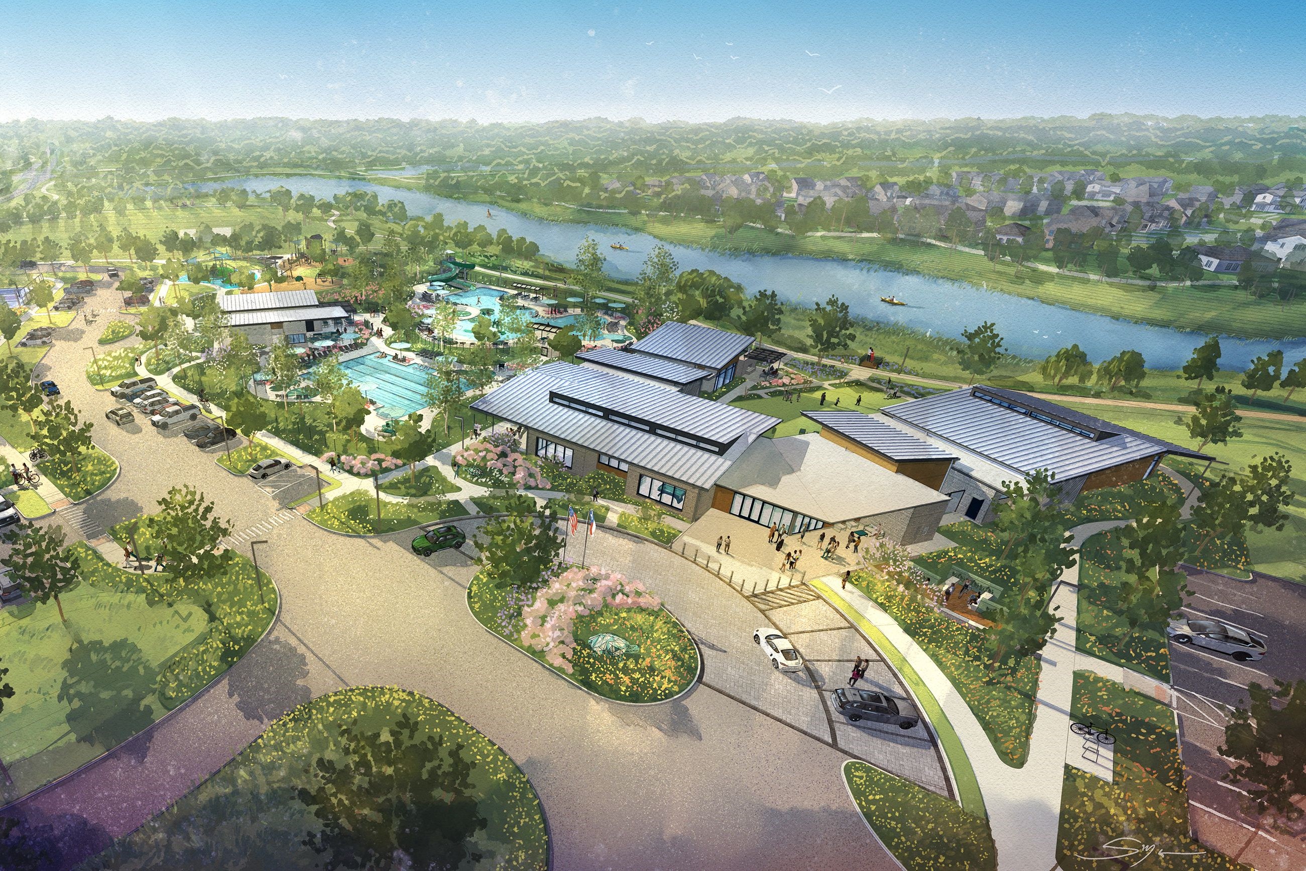 A building with a pond in the front.