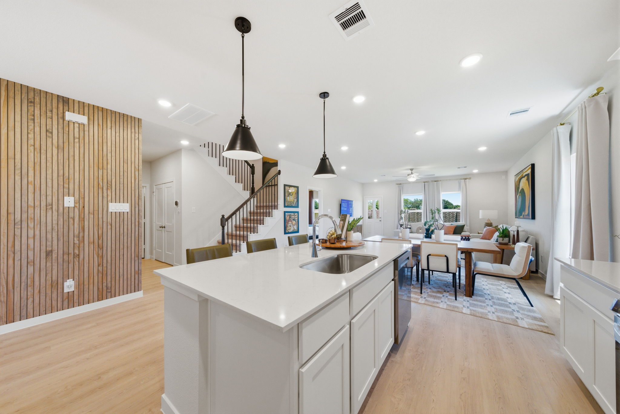 A kitchen with a large island.