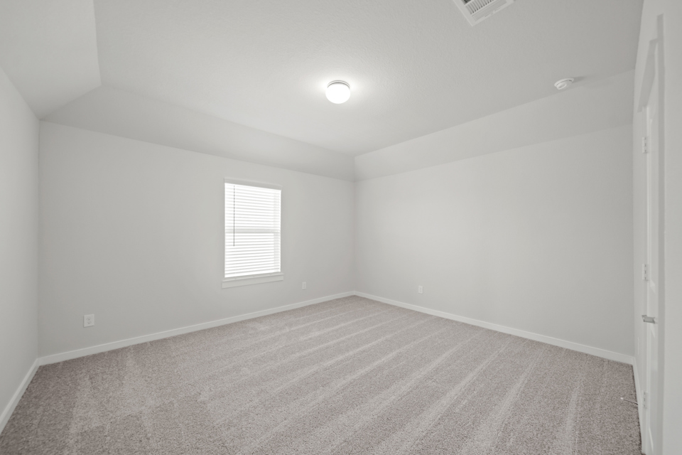 A room with a carpet and a light on the ceiling.