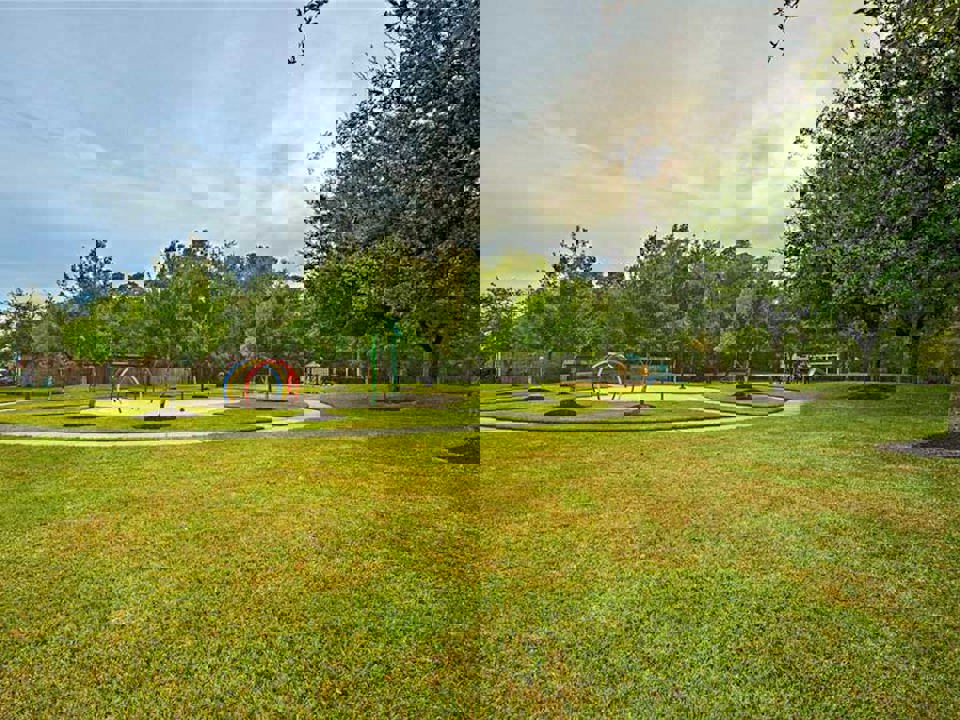 A playground with trees and grass.