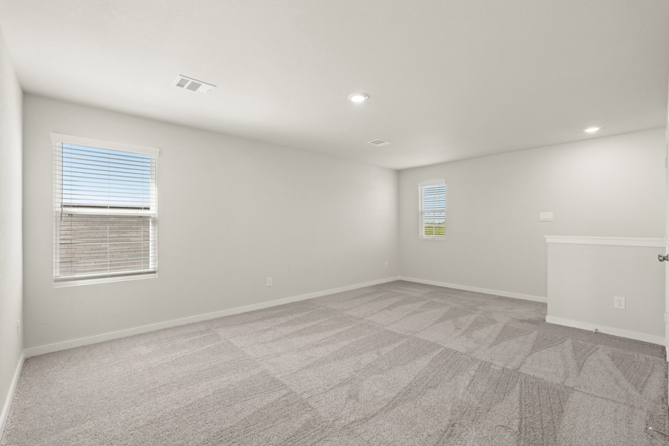 A room with a carpet and windows.