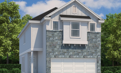 A grey house with a white garage.