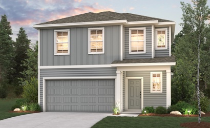 A grey house with a garage.