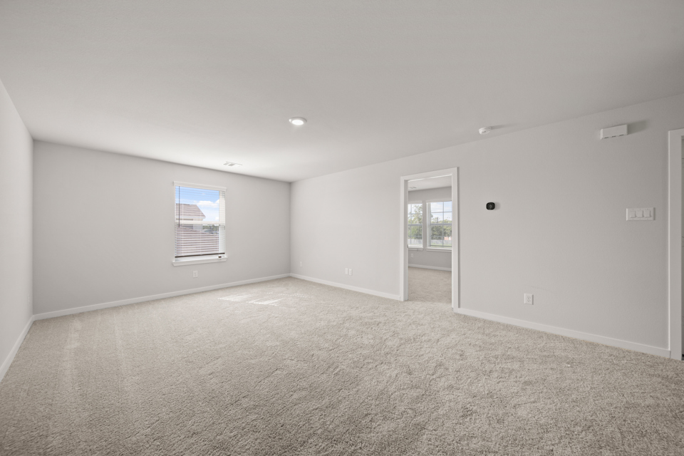 A room with a carpet and a door.